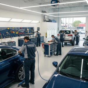 Glendale auto body shop with technicians repairing vehicles, emphasizing trust and quality in collision repair