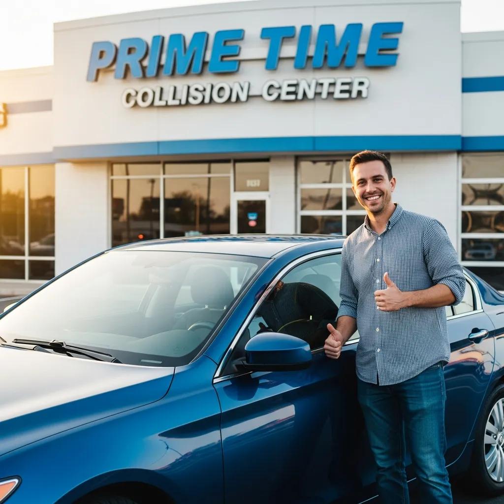 Happy customer with a repaired blue vehicle, standing outside Prime Time Collision Center, showcasing satisfaction with paintless dent repair services in Pasadena.