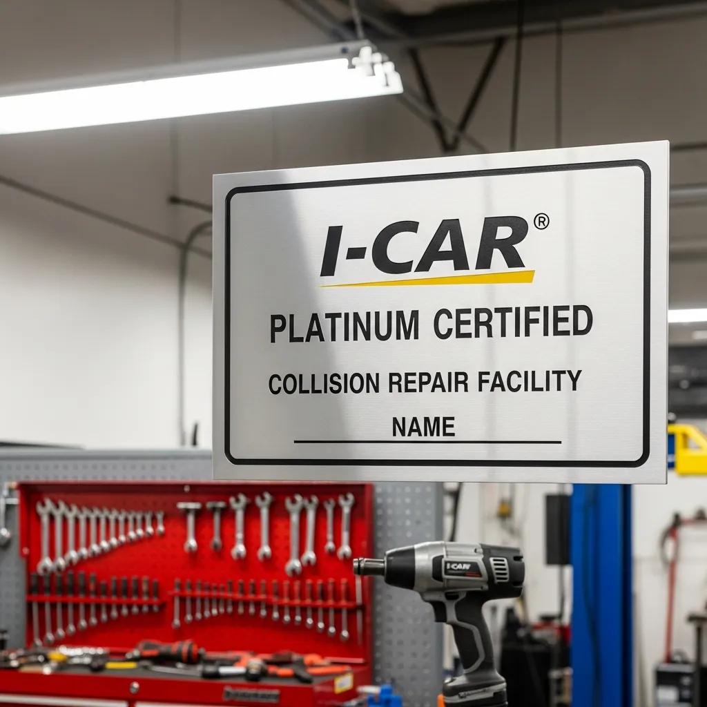 I-CAR Platinum Certified sign in a collision repair facility, showcasing expertise in Audi A4 repairs, with tools and equipment in the background.
