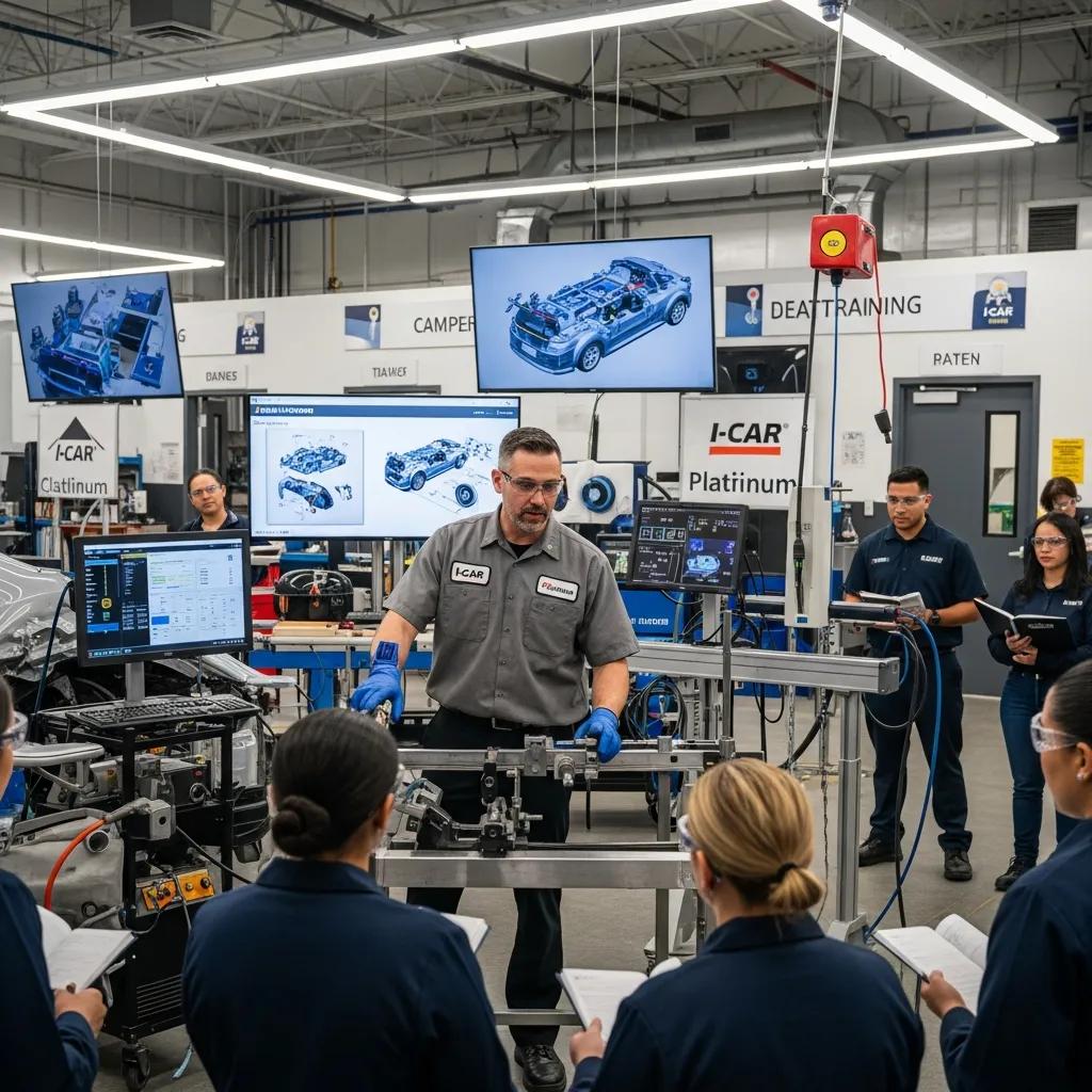 I-CAR Platinum certified technician demonstrating advanced repair techniques in a training session, with students observing and multiple screens displaying vehicle diagrams, emphasizing commitment to quality collision repair education.