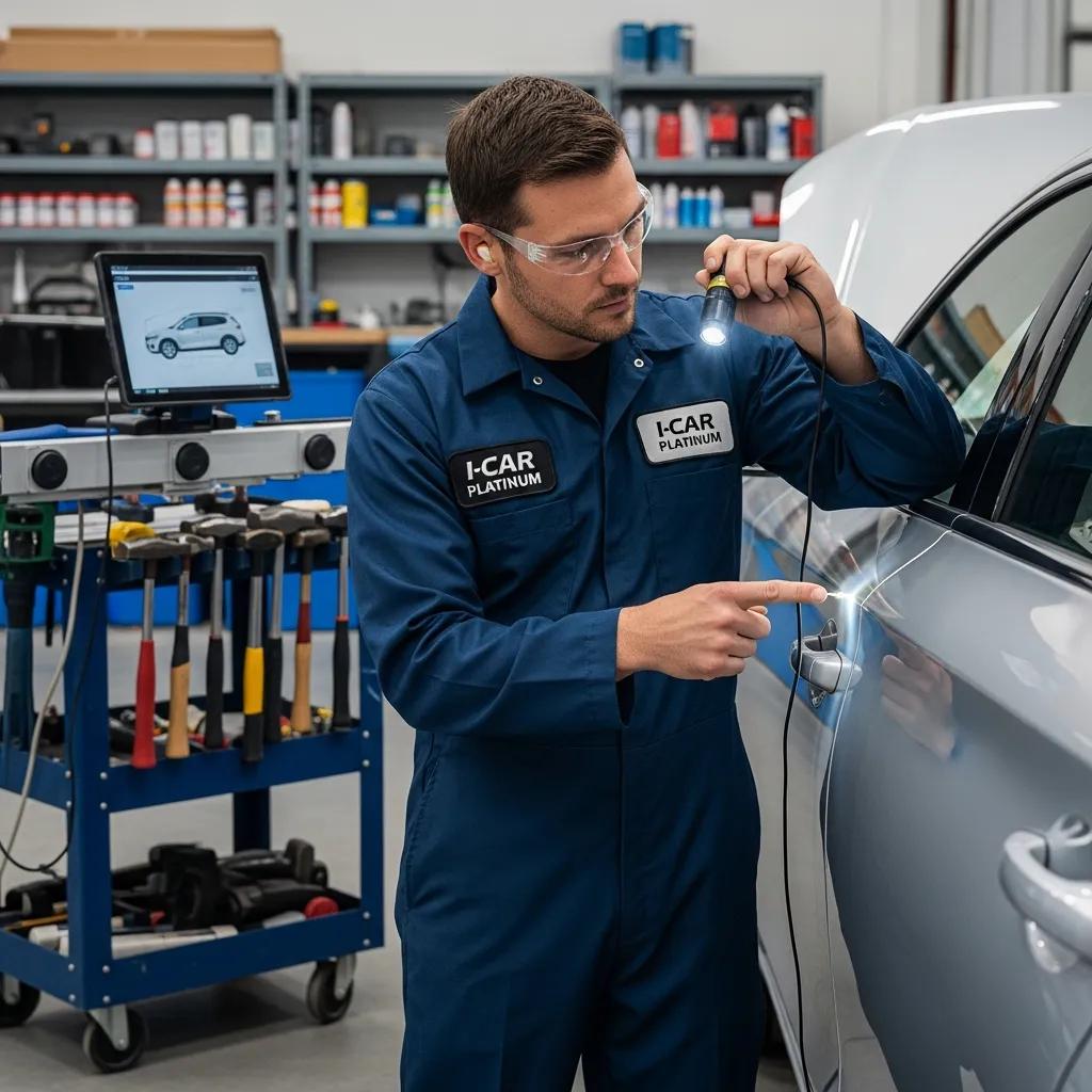 I-CAR Platinum certified technician inspecting a vehicle dent with a flashlight in a professional repair shop, showcasing expertise in paintless dent repair (PDR) methods and tools.