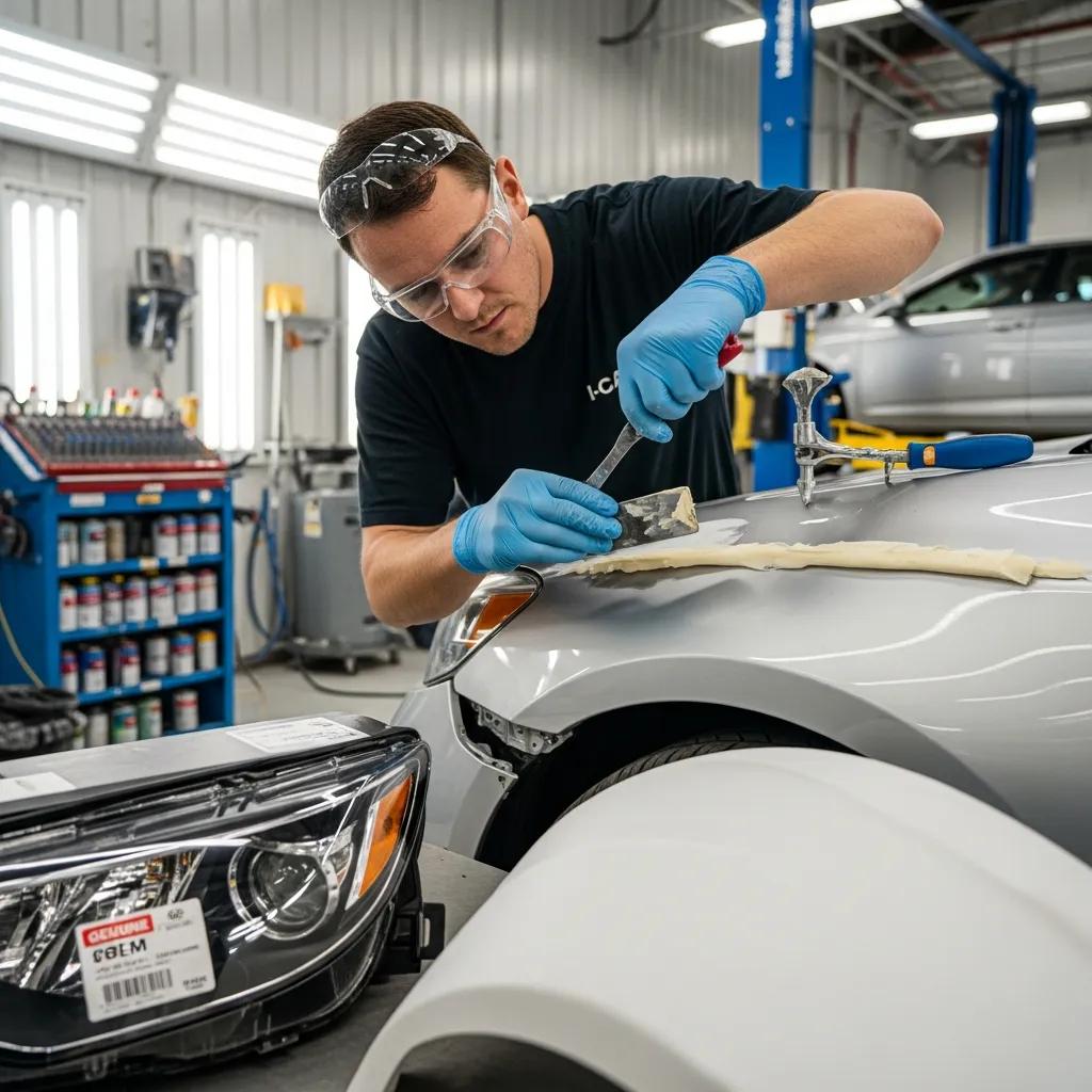 I-CAR Platinum technician performing OEM‑style repairs in a collision shop