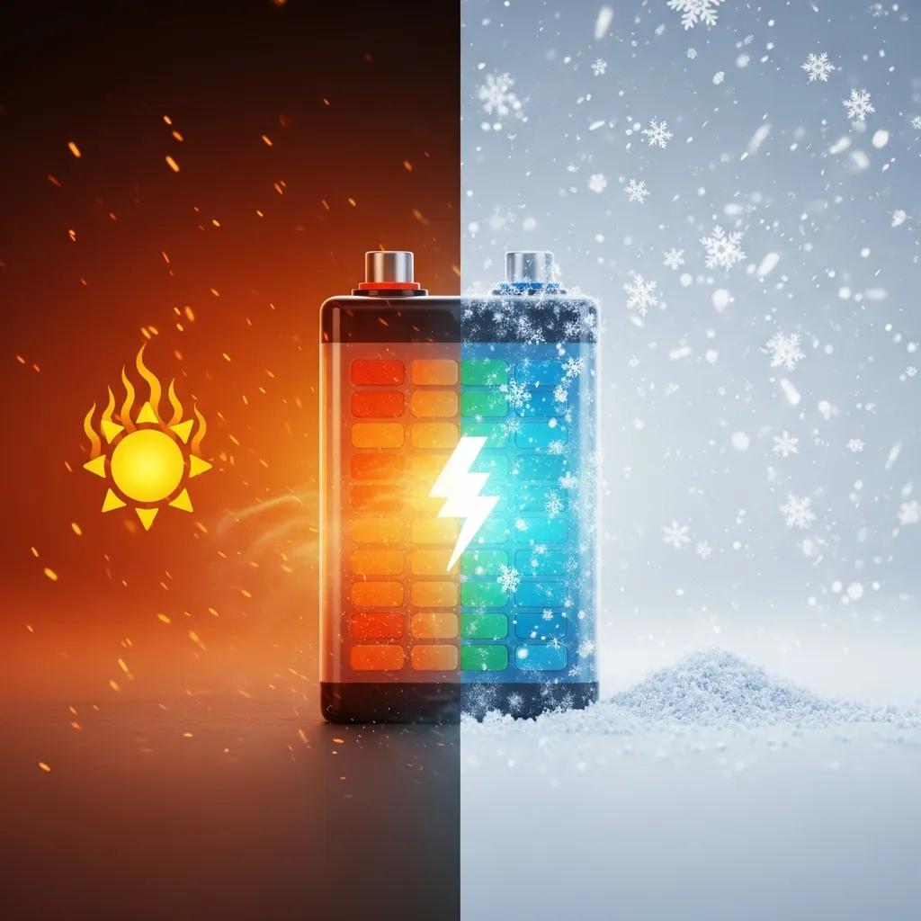 Illustration of an electric vehicle battery split between high heat effects with a sun symbol and cold effects with snowflakes, emphasizing temperature impacts on battery performance and capacity.