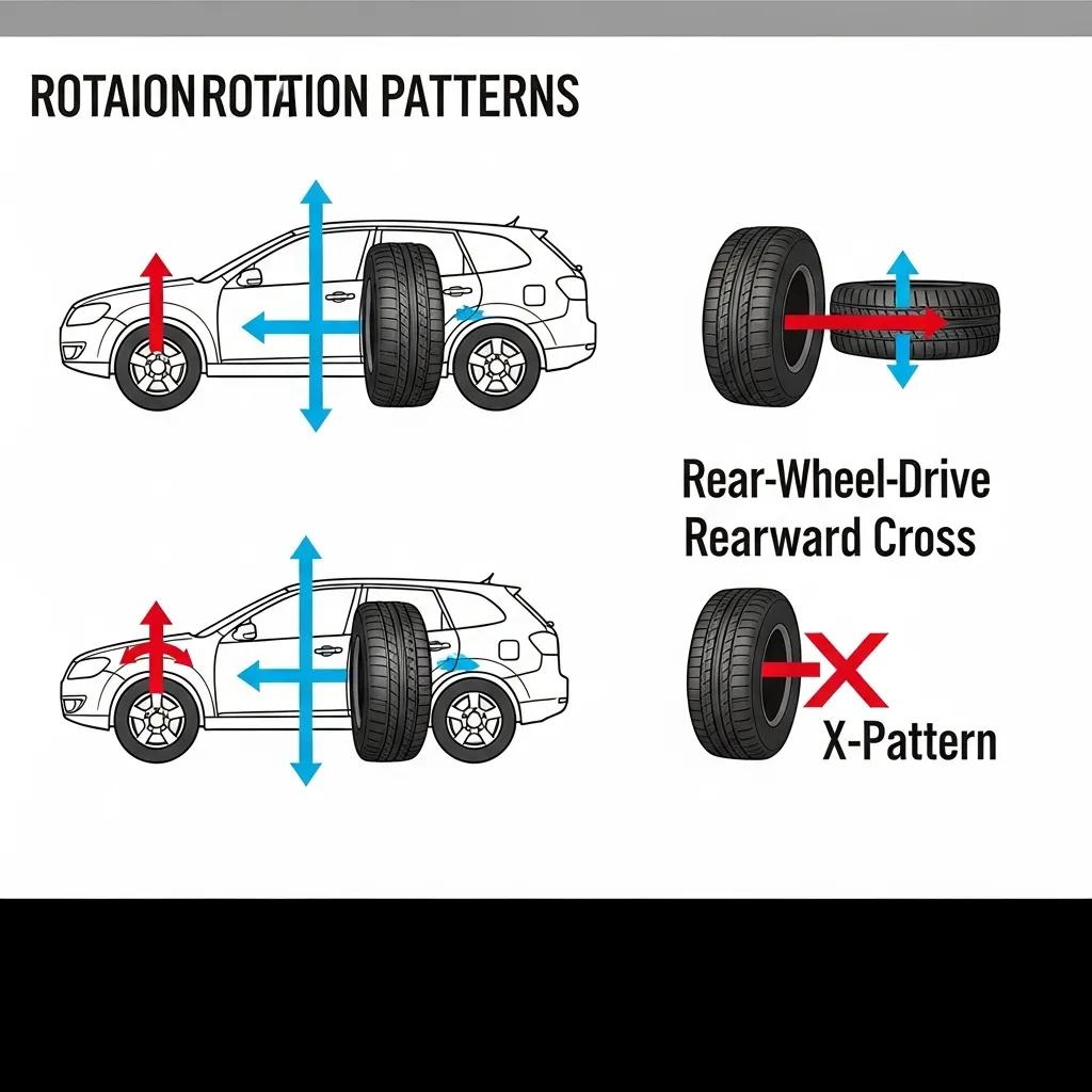 Illustration of tire rotation patterns for front-wheel-drive and rear-wheel-drive vehicles, showing directional movements and labeled as Rear-Wheel-Drive Rearward Cross and X-Pattern, aiding understanding of maintenance practices.