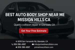 Best auto body shop near Mission Hills CA advertisement featuring a sleek black car, with text promoting quality collision repair services in Glendale, CA and a call-to-action button for a free estimate.
