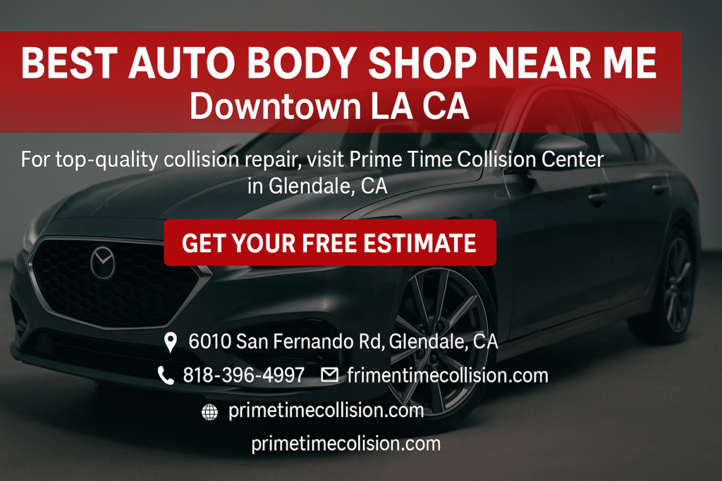 Best auto body shop advertisement featuring a sleek car, Prime Time Collision Center branding, and contact information for collision repair services in Glendale, CA.