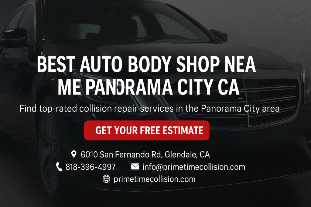 Best auto body shop near Panorama City CA advertisement featuring a sleek vehicle, contact information, and a call-to-action for free estimates.