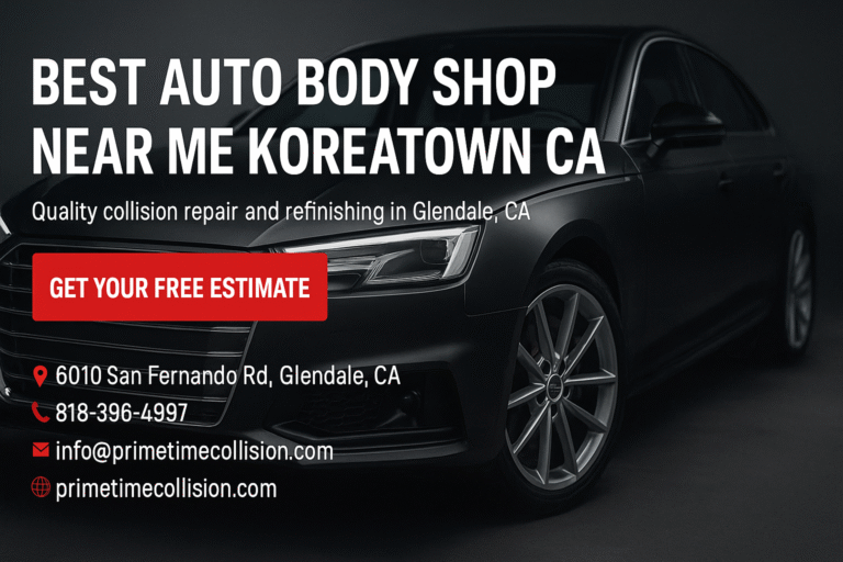 Best auto body shop advertisement featuring a sleek black car, highlighting quality collision repair and refinishing services in Glendale, CA, with contact information and a call to action for a free estimate.