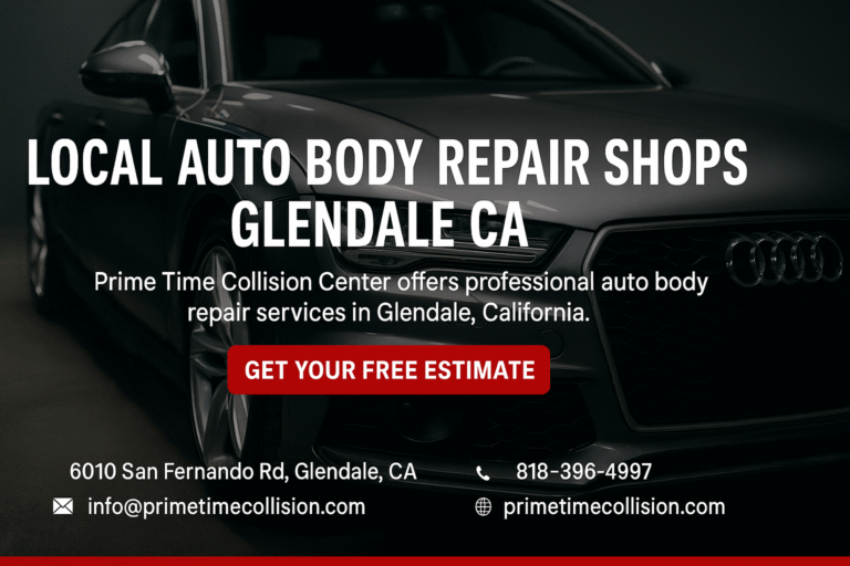 Local auto body repair advertisement featuring Prime Time Collision Center, showcasing professional services in Glendale, California, with contact information and a call-to-action for free estimates.