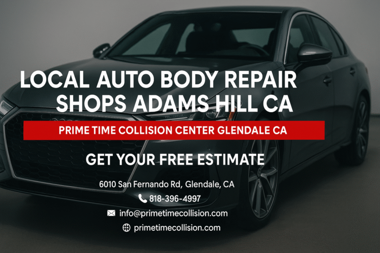 Local auto body repair advertisement featuring a sleek car with text promoting Prime Time Collision Center in Glendale, CA, offering free estimates and services for Adams Hill area.
