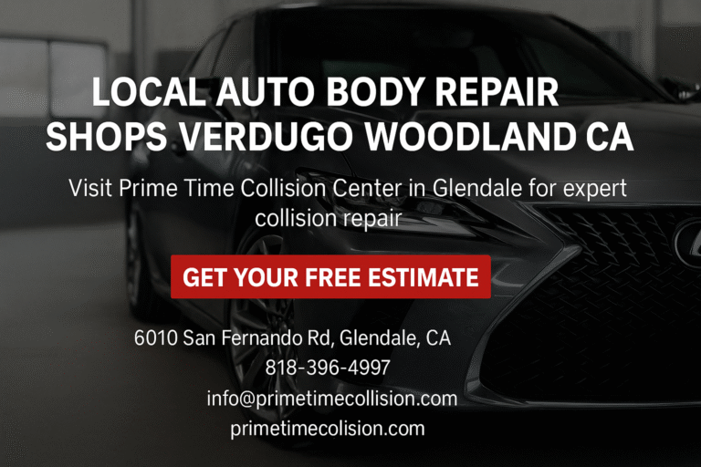 Local auto body repair advertisement featuring a sleek vehicle, Prime Time Collision Center branding, contact information, and a call to action for a free estimate in Glendale, CA.