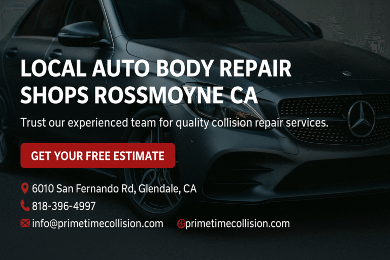 Local auto body repair advertisement featuring a sleek black car, contact information, and a call to action for a free estimate at Prime Time Collision Center in Glendale, CA.