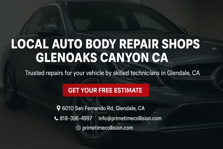 Local auto body repair shop advertisement featuring a sleek car, highlighting services in Glenoaks Canyon, CA, with a call to action for a free estimate.
