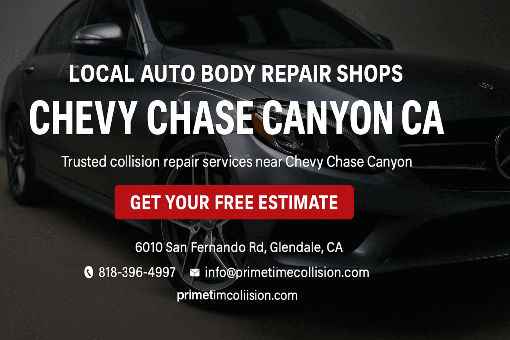 Local auto body repair shops Chevy Chase Canyon CA with trusted collision repair services, featuring a sleek vehicle and contact information for Prime Time Collision Center.