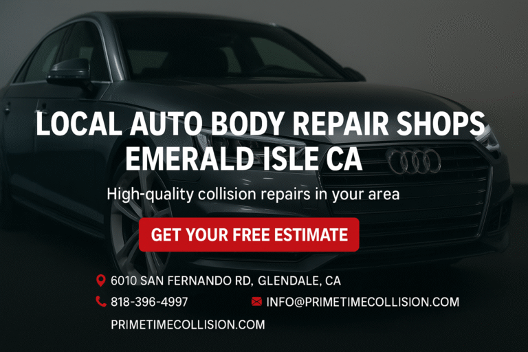 Local auto body repair advertisement featuring a black Audi, with text promoting high-quality collision repairs and a call to action for free estimates at Prime Time Collision Center in Glendale, CA.