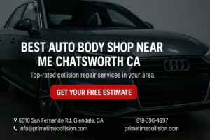 Best auto body shop near Chatsworth CA with Audi car, offering top-rated collision repair services and free estimate call to action.