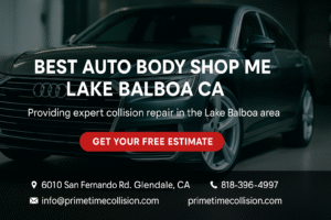 Best auto body shop advertisement featuring an Audi, promoting collision repair services in Lake Balboa, CA, with contact information and a call to action for a free estimate.