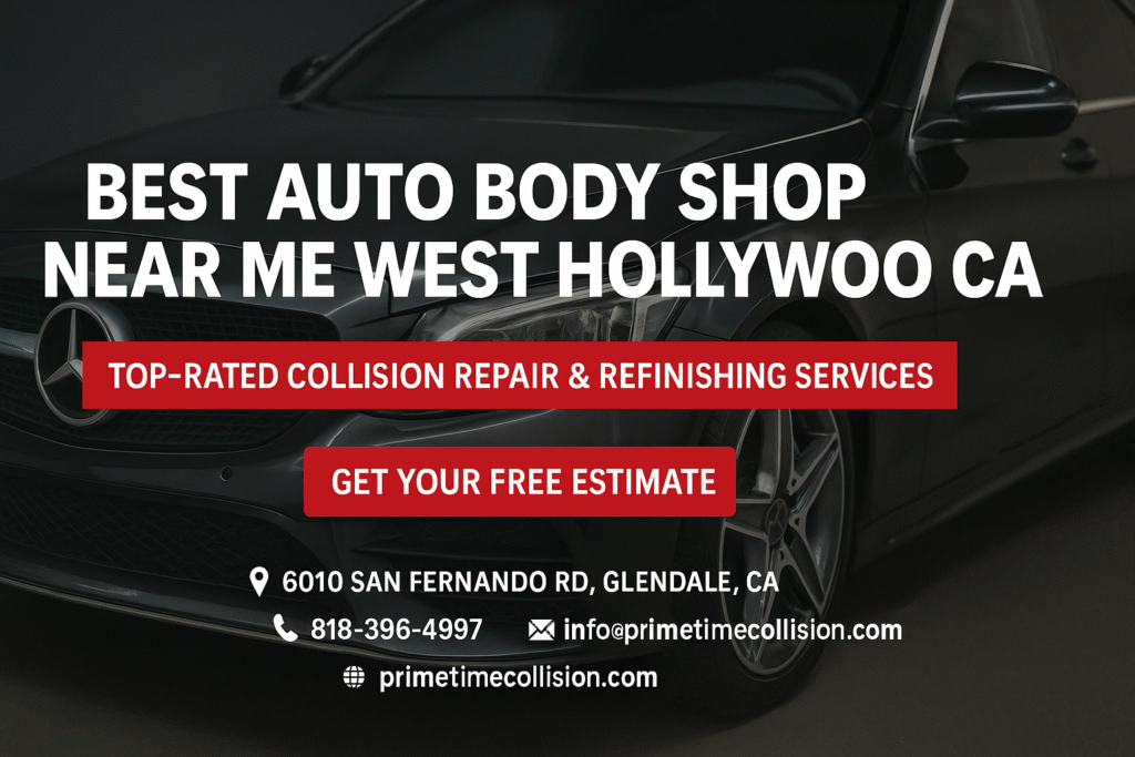 Best auto body shop near me West Hollywood CA, top-rated collision repair and refinishing services, Prime Time Collision Center contact information.