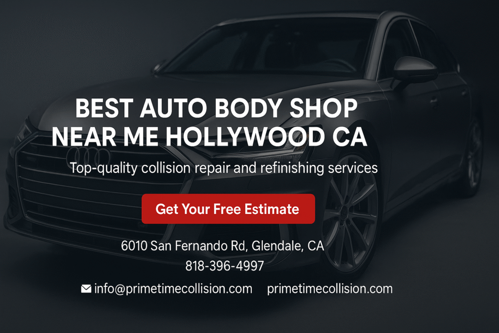 Best auto body shop near me Hollywood CA advertisement featuring an Audi, promoting top-quality collision repair and refinishing services, with contact information and a call-to-action for a free estimate.