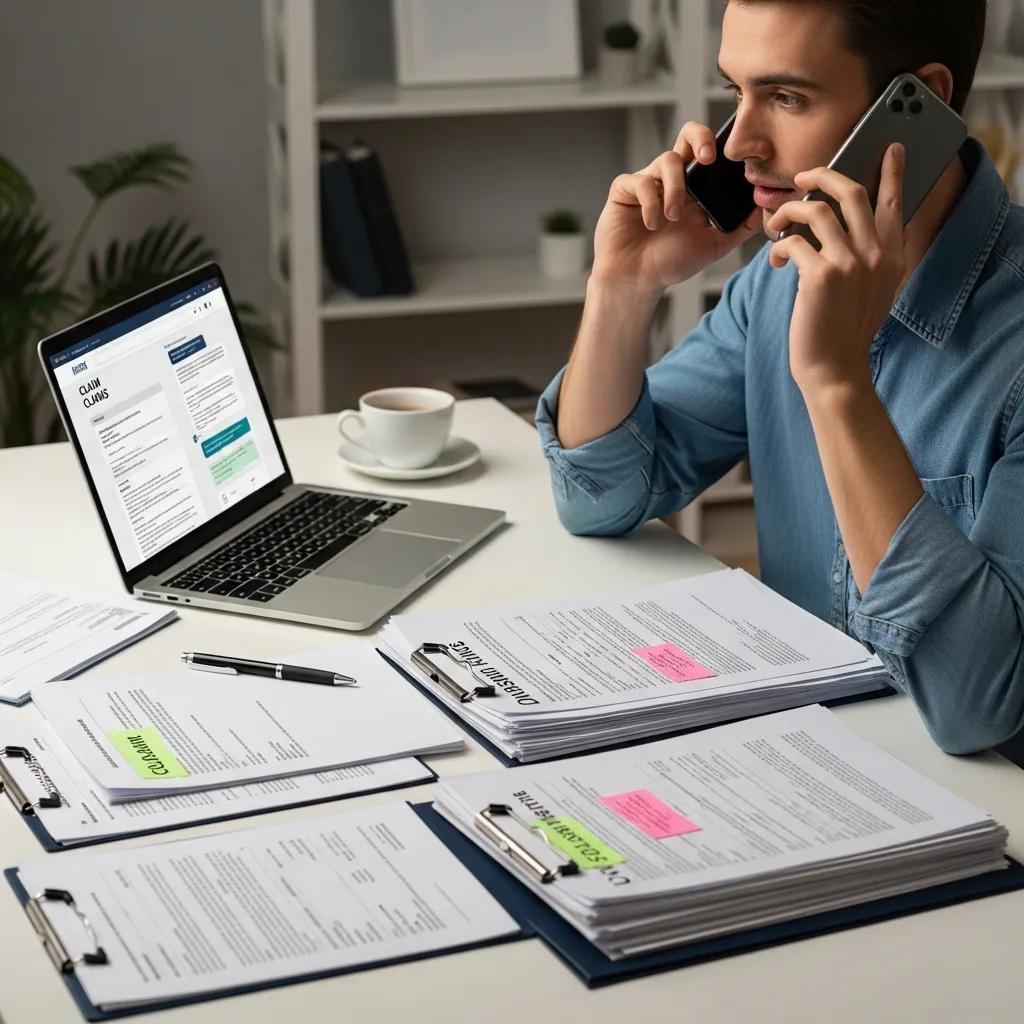 Talking with an insurance representative while reviewing claim documents