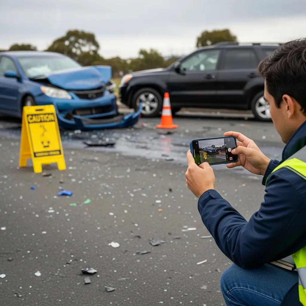 Individual documenting a car accident scene with a camera, focusing on vehicle damage and surrounding debris, caution sign visible.