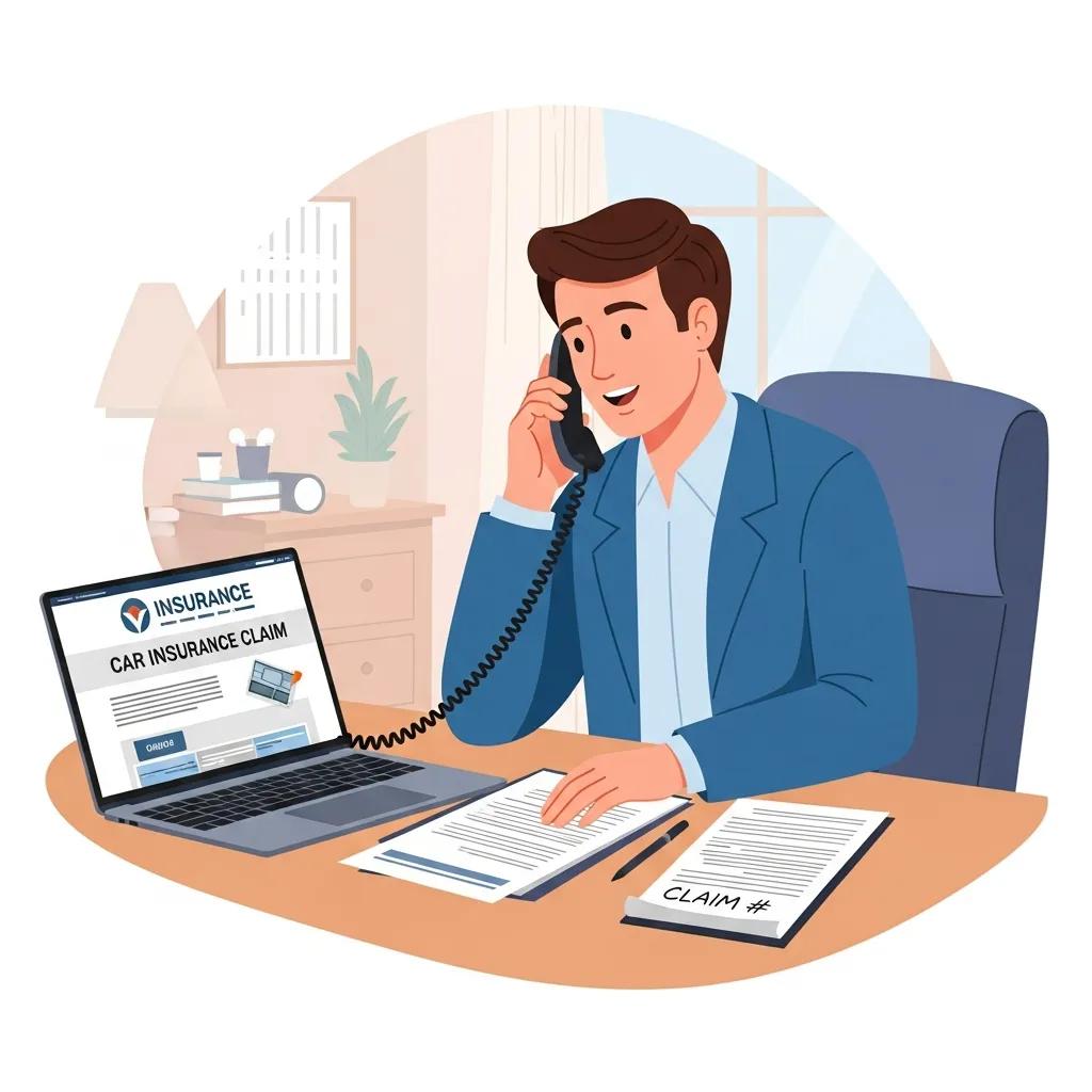 Person on the phone filing a car insurance claim, surrounded by documents and a laptop displaying an insurance claim webpage.