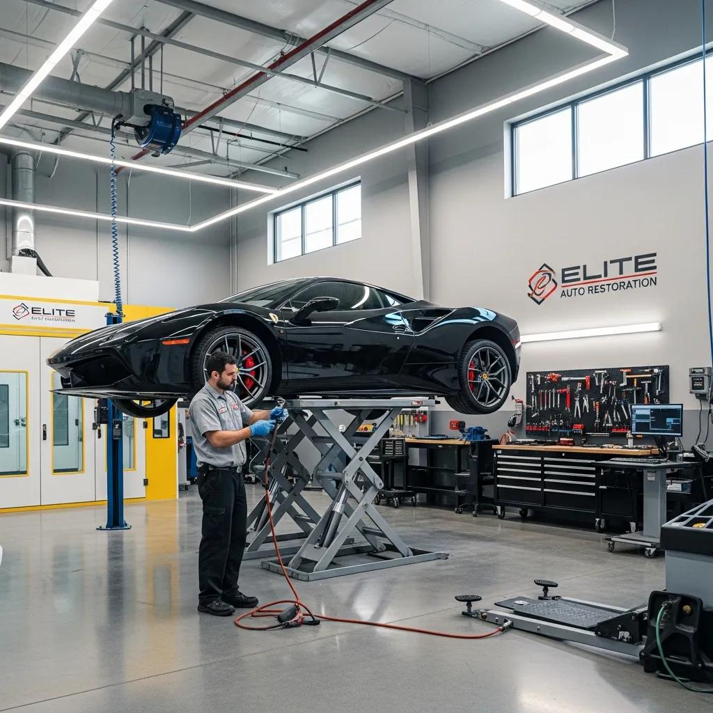 Luxury auto body repair shop interior with certified technician working on a high-end black sports car, featuring advanced tools and equipment for OEM-standard restoration.