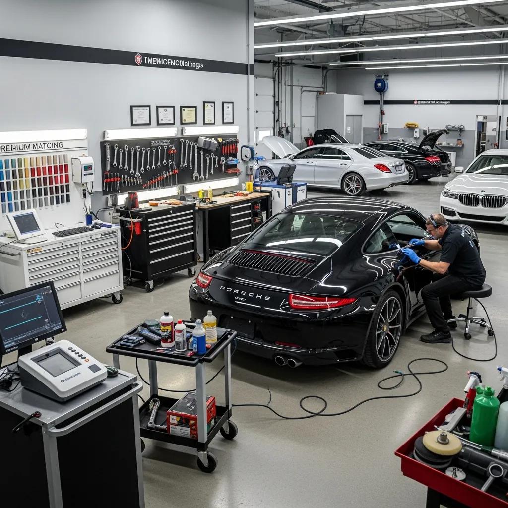 Luxury import vehicle undergoing paintless dent repair in a controlled, professional shop