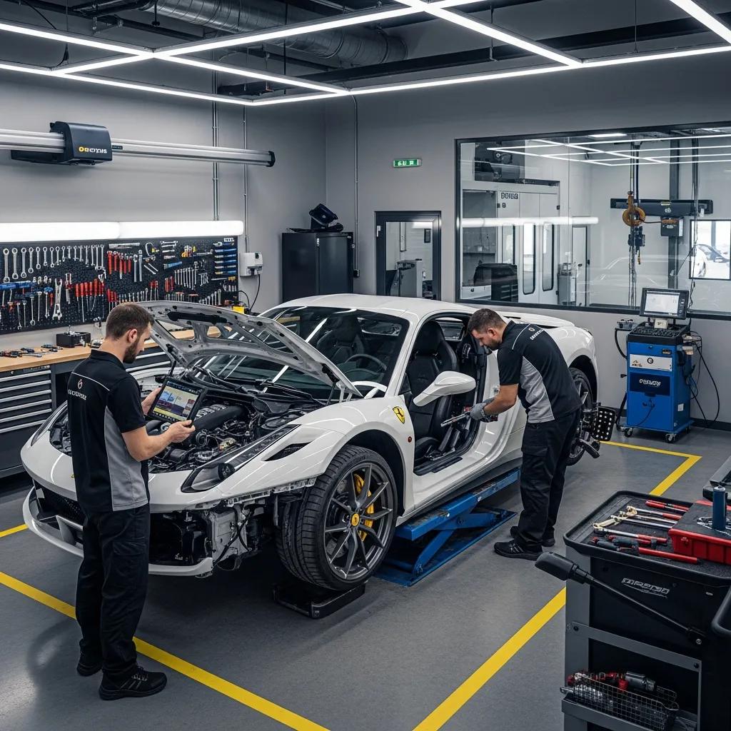 Luxury car being repaired in a specialized auto body shop, with technicians using OEM standards and equipment for performance restoration and careful reassembly.