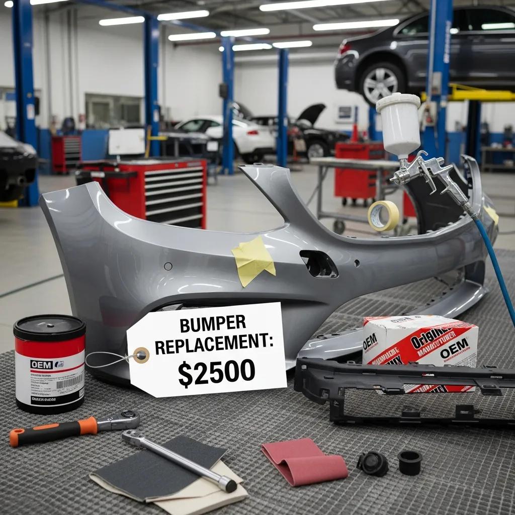 Gray car bumper with a price tag reading "BUMPER REPLACEMENT: $2500," surrounded by OEM parts, tools, and paint supplies in an auto repair shop, illustrating cost factors for bumper replacement.