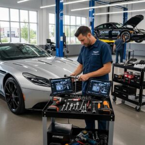 Luxury foreign car repair in a professional auto body shop with a technician using advanced tools