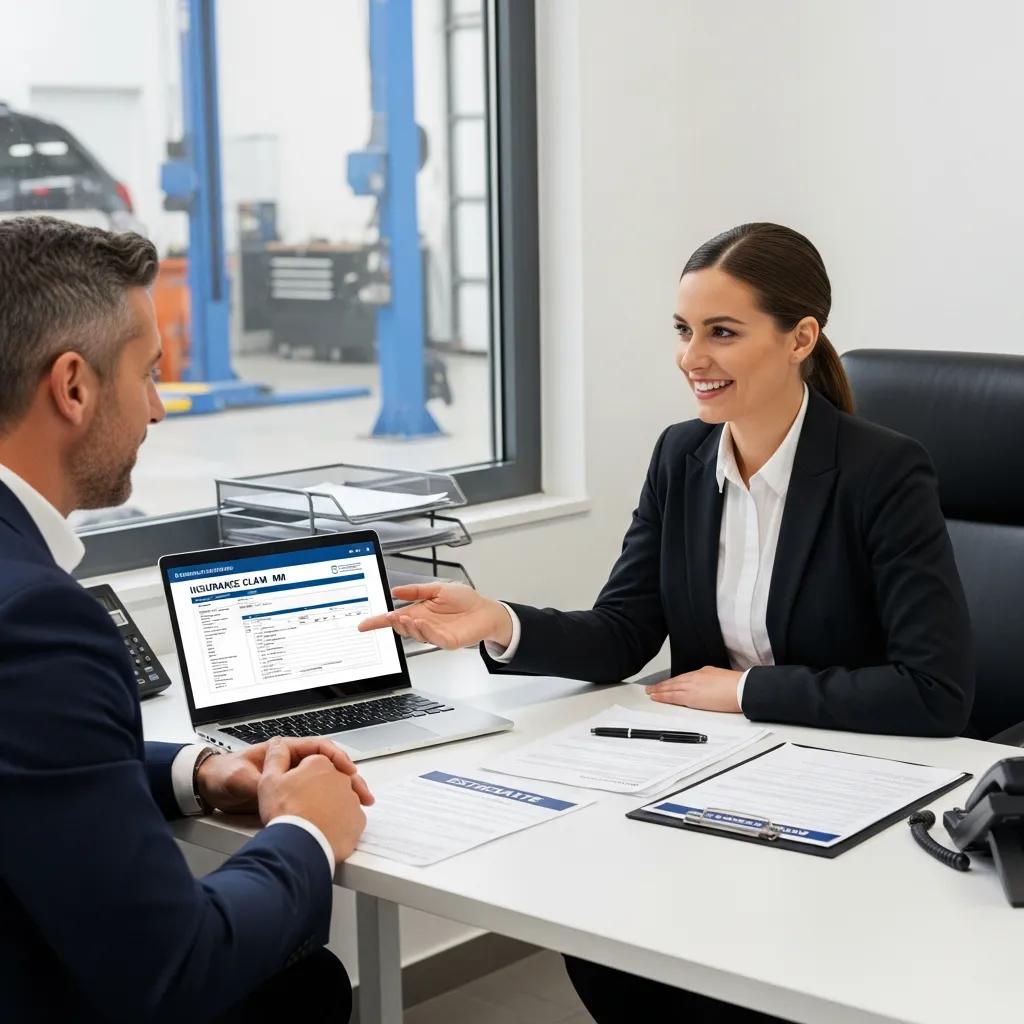 Luxury vehicle owner consulting with repair shop representative about insurance claims, laptop displaying insurance claim details, professional office setting, supportive communication for OEM-certified repairs.