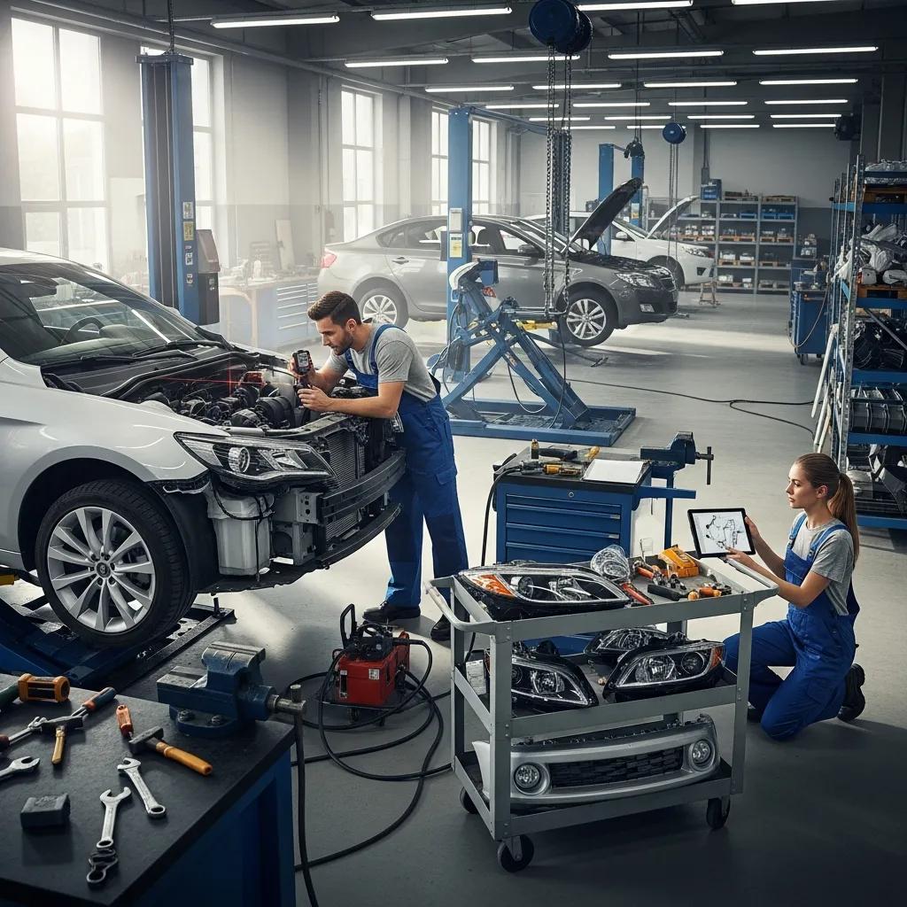 Technicians disassembling and inspecting a vehicle fender during collision repair at Prime Time Collision