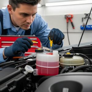 Mechanic checking power steering fluid level in a car engine bay