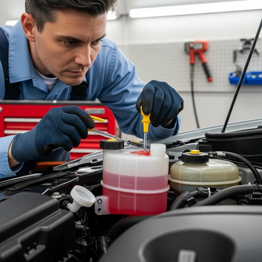 Mechanic checking power steering fluid level in car engine bay, using tools for maintenance and inspection, ensuring vehicle safety and performance.