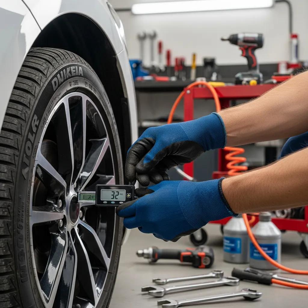 Technician checking tire pressure as part of regular maintenance to improve fuel economy