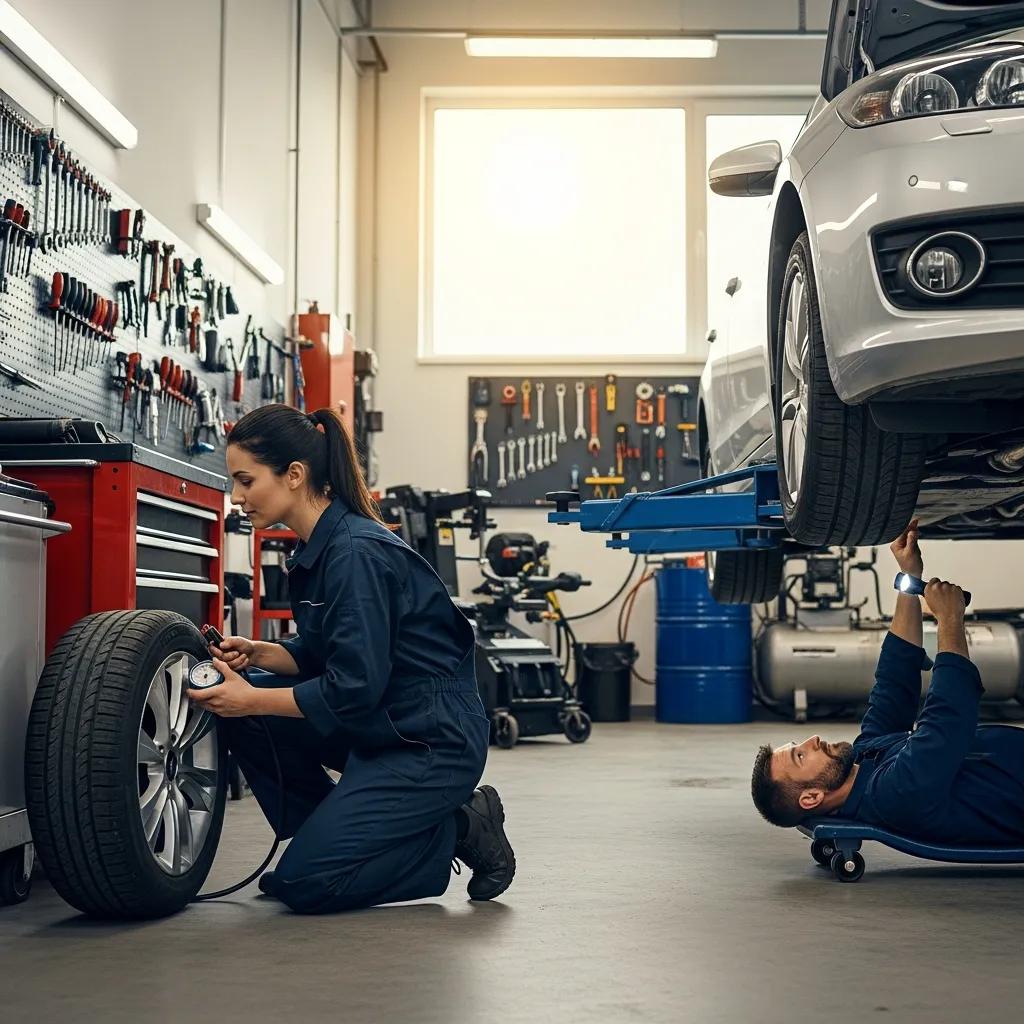 Mechanics inspecting a vehicle during a spring check-up, focusing on tire pressure and undercarriage maintenance in an auto repair shop.