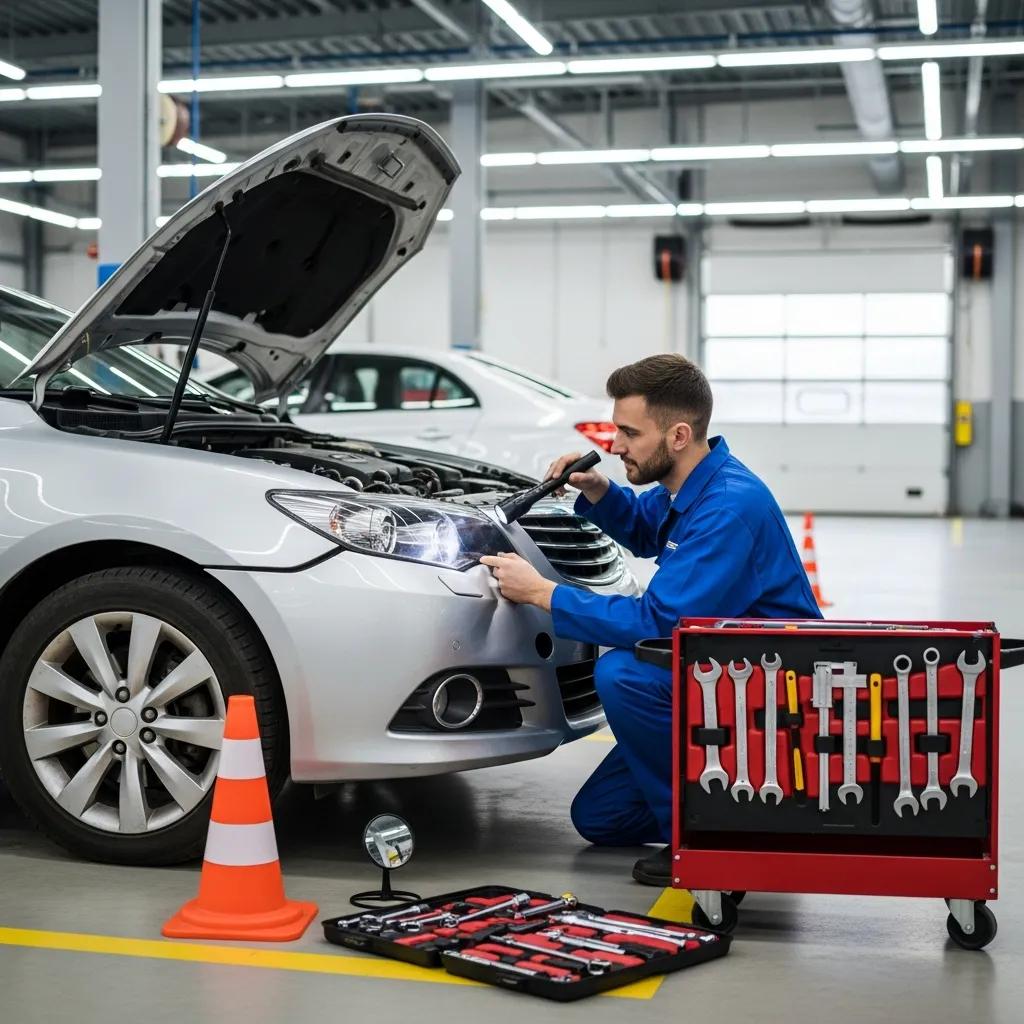 Mechanic inspecting a car for post-accident damage in a professional garage setting