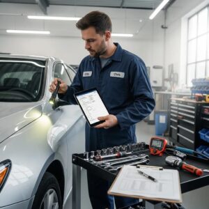 Mechanic inspecting a vehicle with a checklist in a bright garage, highlighting post-repair inspection importance