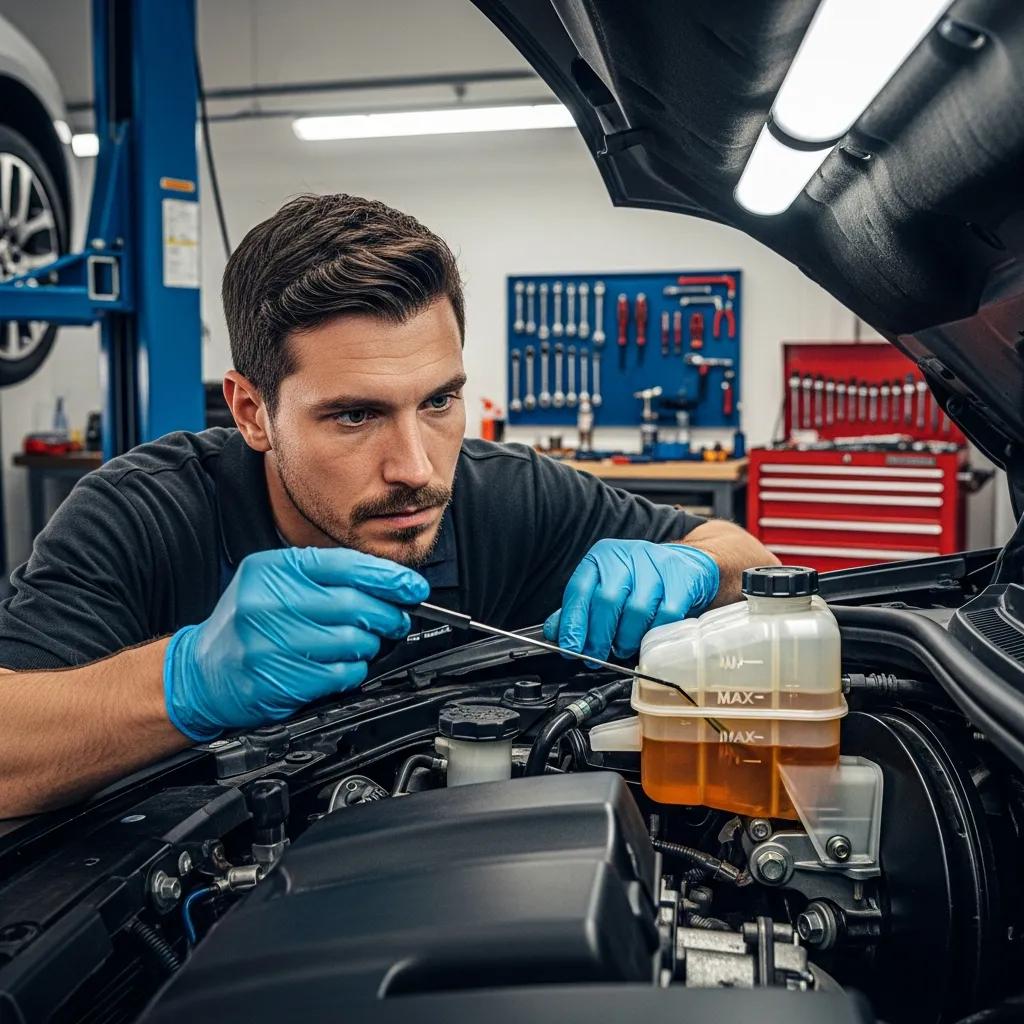 Mechanic inspecting brake fluid level in a vehicle's reservoir, emphasizing the importance of brake fluid maintenance for vehicle safety and performance.