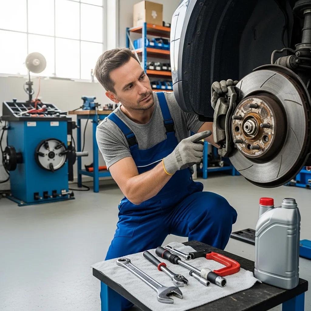 Mechanic inspecting brake pads and rotors during a spring auto tune-up, with tools and brake fluid visible on a workbench.