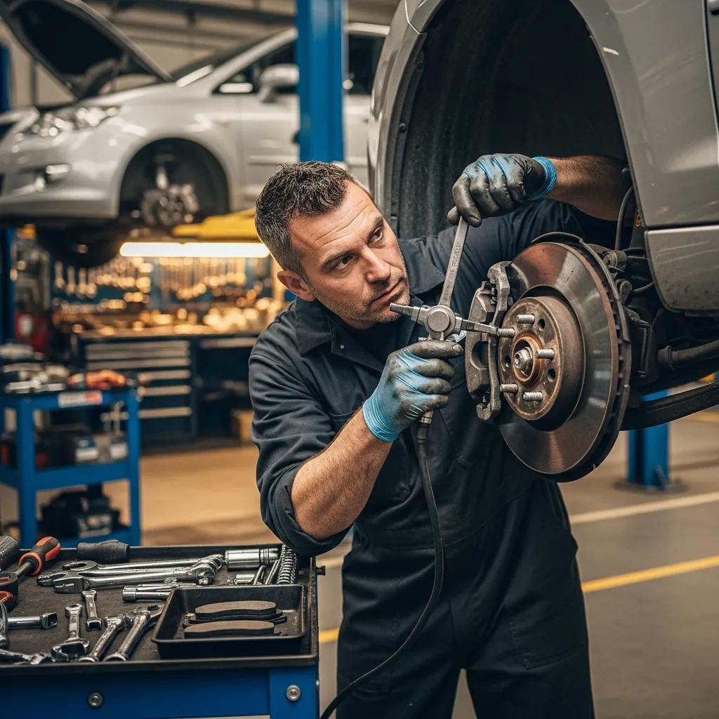 Mechanic inspecting brake pads and rotors in a vehicle repair shop, emphasizing brake system maintenance and safety.