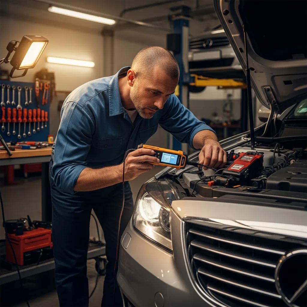 Mechanic inspecting vehicle battery and electrical systems with diagnostic tool in automotive workshop, emphasizing vehicle maintenance for safer night driving.