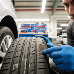 Mechanic inspecting car tire tread depth with a coin in a garage setting