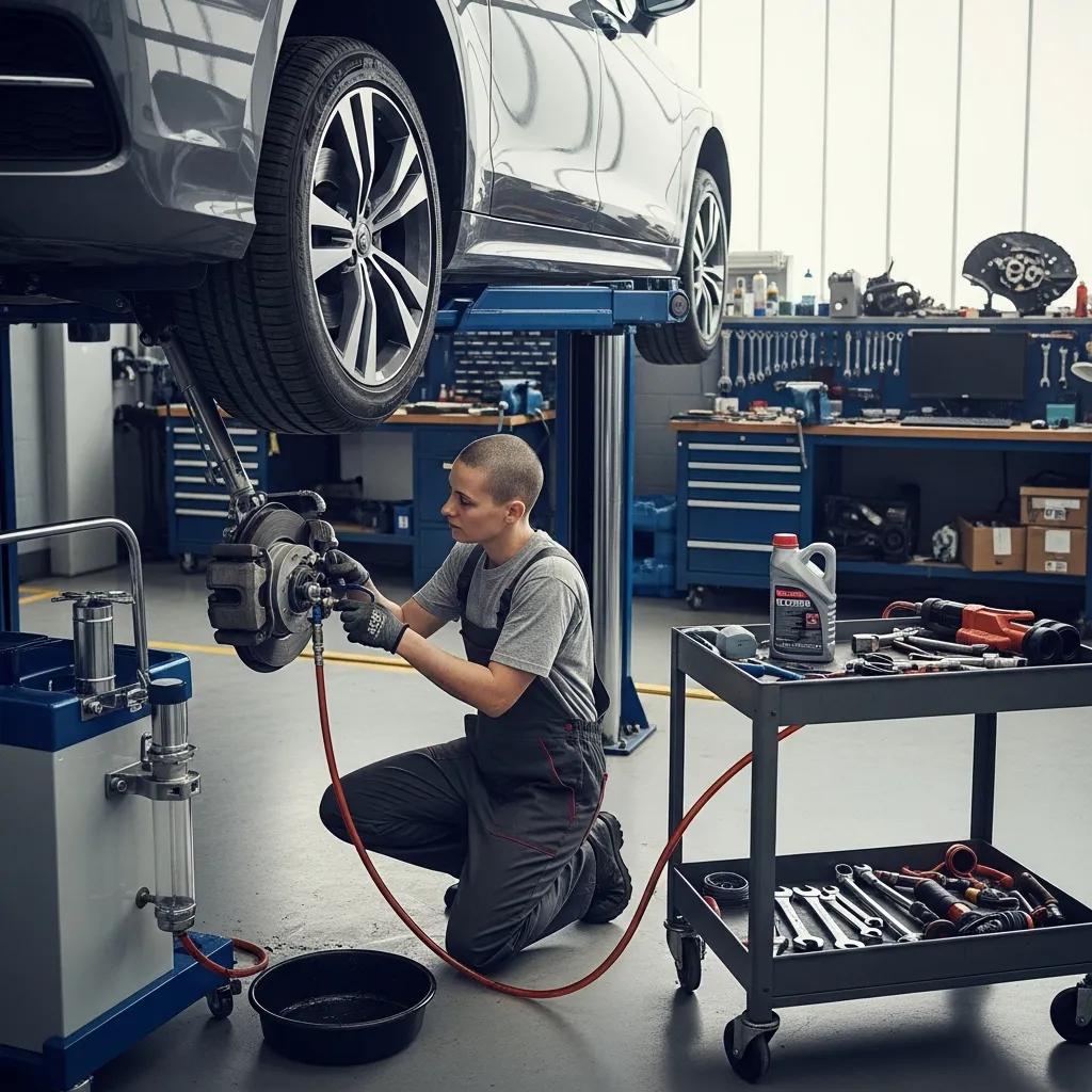 Mechanic performing a brake fluid flush on a vehicle, demonstrating professional brake service in an automotive workshop with tools and equipment.