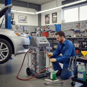Mechanic performing a coolant system flush on a car in a garage