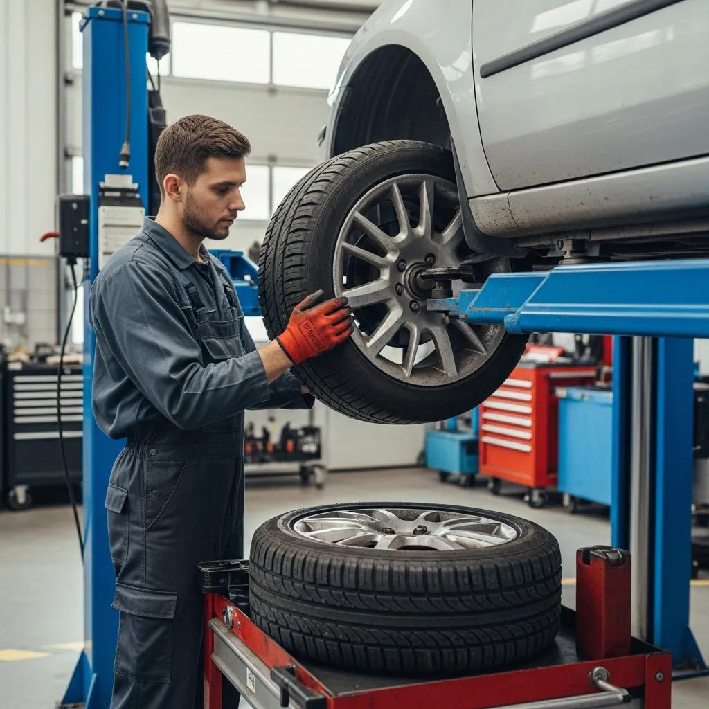 Mechanic performing tire rotation on a vehicle in a garage, emphasizing vehicle maintenance and safety.