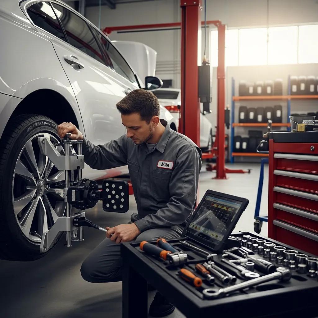 Mechanic performing wheel alignment on a vehicle in a garage, highlighting vehicle safety and repair services, with tools and diagnostic equipment visible.