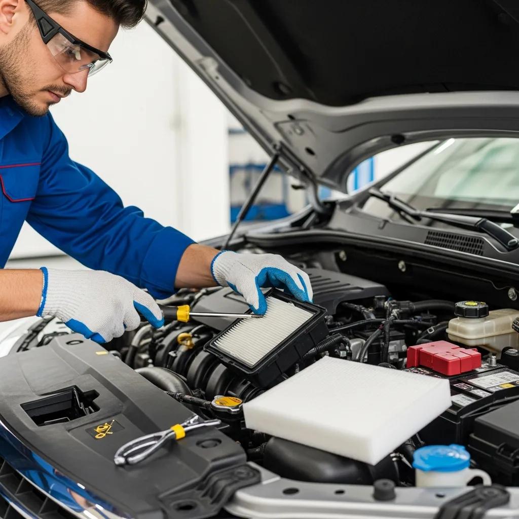 Mechanic replacing car air filter in a well-lit garage, emphasizing vehicle maintenance