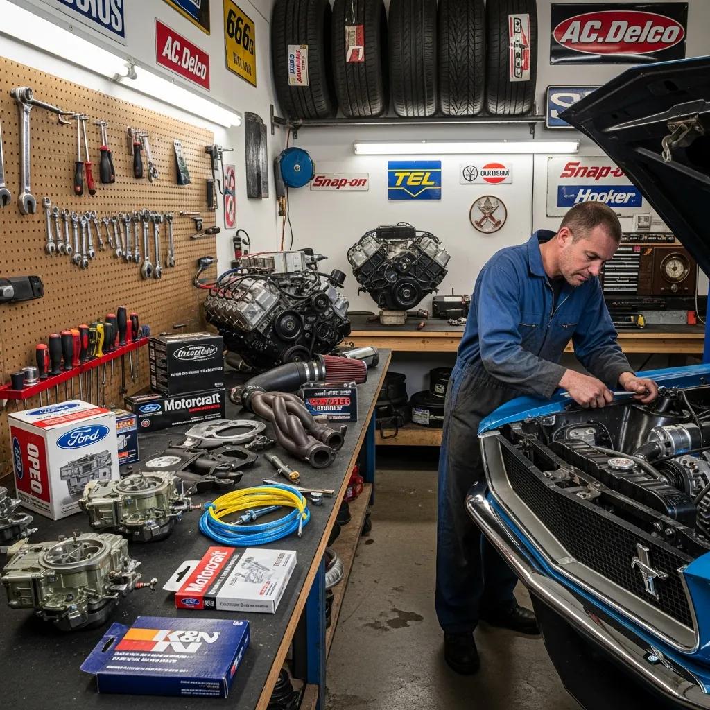 Mechanic working on a car with OEM and aftermarket parts displayed on a workbench
